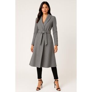 Bebe Belted Wool Blend‎ Midi Coat Grey Wrap Shawl Collar XS Minimalistic Chic